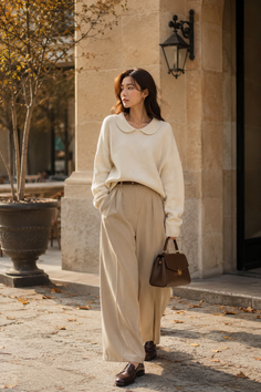 Woman in a cream sweater and wide leg pants walking outdoors