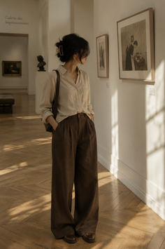 Woman in a museum looking at artwork, with soft lighting and shadows