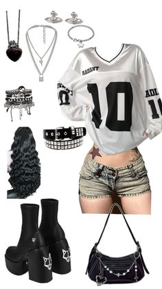 Gothic-style outfit with denim shorts, platform boots, and layered accessories