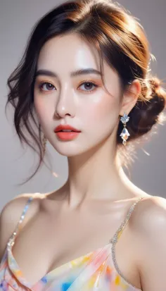 Woman with an updo hairstyle and earrings wearing a colorful dress