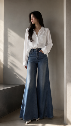 Woman in a white shirt and flared jeans standing indoors with soft lighting