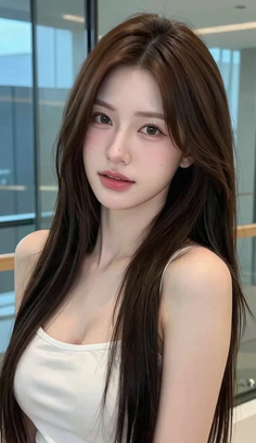 Woman with long brown hair wearing a white tank top indoors