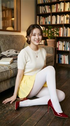 Woman in a yellow skirt and white tights sitting on a wooden floor in a room with a bookshelf