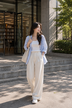 Woman with long hair wearing a loose shirt and wide leg pants outdoors
