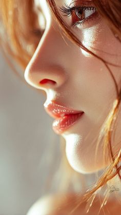 Close up profile of a woman with red hair and glossy lips, illuminated by soft lighting