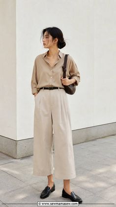 Woman in a beige shirt and wide leg pants with a brown shoulder bag