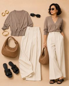 Woman in a brown cardigan and cream wide-leg pants with matching accessories