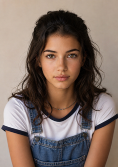 Young woman with long wavy hair wearing denim overalls and a white t-shirt