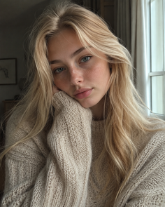 Woman with blonde hair and freckles wearing a knitted sweater indoors