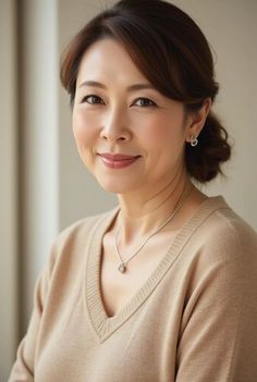 Woman with brown hair wearing a v-neck sweater and jewelry, smiling indoors