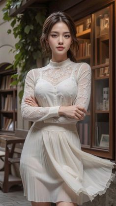 Woman in a white lace dress with arms crossed, standing indoors
