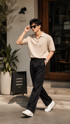 Man in a polo shirt and black pants walking outside a cafe