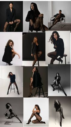 Collage of women in black blazers and patterned tights posing in a studio