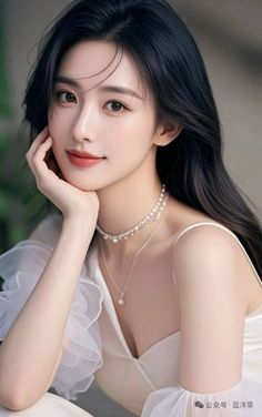 Woman with long dark hair wearing a white dress and pearl necklace