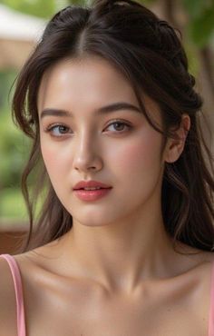 Woman with long dark hair wearing a pink top, captured in a soft-lit portrait
