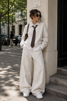 Woman in a sweater, tie, and wide leg pants on a city street