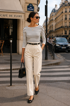 Woman in a striped shirt and high-waisted pants walking on a Paris street