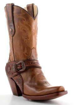 Brown leather cowboy boot with embroidered details and a buckle strap
