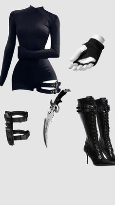 Collection of black gothic-style clothing and accessories on a grey background