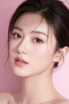 Woman with dark hair and natural makeup against a pink background