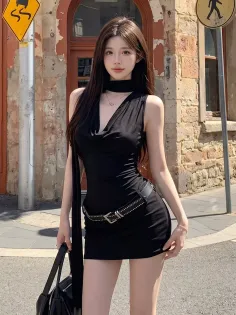 Woman in a black mini dress and choker standing on a street
