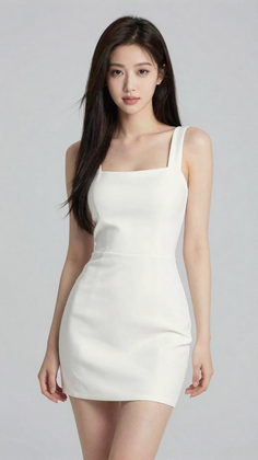 Woman with long dark hair wearing a white dress in a studio setting
