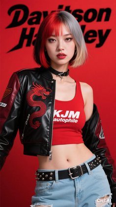 Woman with red and blonde hair in a leather jacket and crop top against a red background