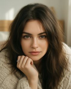 Woman with long brown hair and green eyes wearing a knitted sweater