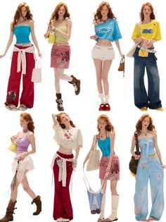 Multiple women with red hair modeling various casual outfits on a white background