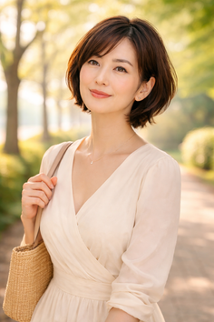 Woman with short hair in a light-colored wrap dress holding a straw bag outdoors