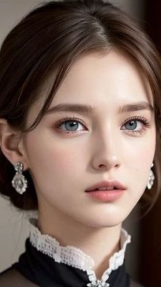 Woman with brown hair and blue eyes wearing a black top with a white lace collar