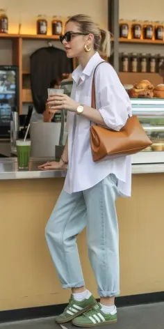 Woman in a white shirt and light wash jeans standing at a counter indoors