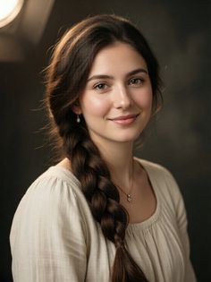 Woman with a long braid and light-colored top against a dark background
