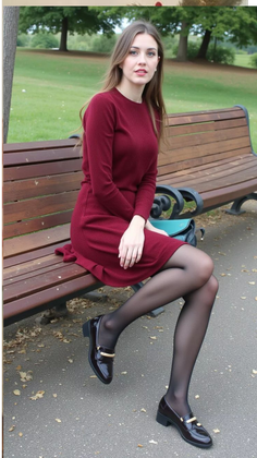 Woman in a red dress and black tights sitting on a park bench