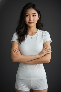 Woman in a white t-shirt and shorts with crossed arms against a dark background