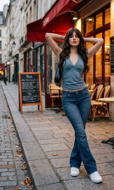 Woman in a halter top and jeans posing on a cobblestone street in front of a cafe