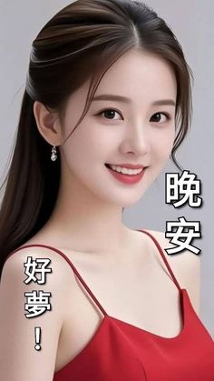 Smiling woman with long dark hair wearing a red dress with spaghetti straps