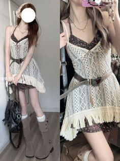 Woman in a crochet dress and brown boots with a head scarf and layered jewelry