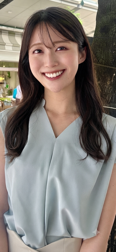 Woman with long dark hair and a light blue top smiling outdoors