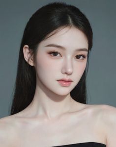 Woman with long black hair and exposed shoulders against a gray background