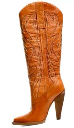 Brown leather cowboy boot with embroidered design and a high heel