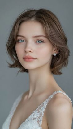 Woman with short brown hair and blue eyes wearing a white lace dress