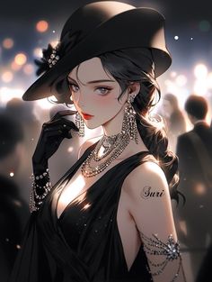 Woman in a black dress and hat with sparkling jewelry at night