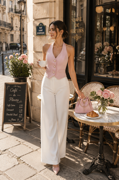 Woman in a pink halter top and white pants at an outdoor cafe
