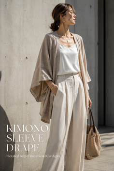 Woman in a beige kimono sleeve cardigan and wide leg pants holding a straw bag