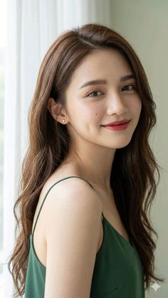 Woman with long brown hair and dimples wearing a green camisole