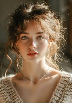 Woman with light brown hair in a messy bun and a gold necklace