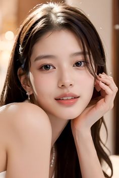 Woman with long dark hair and exposed shoulders, looking at the viewer
