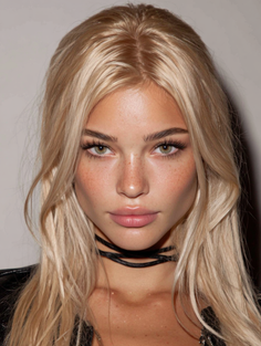 Close-up portrait of a woman with blonde hair, green eyes, and freckles