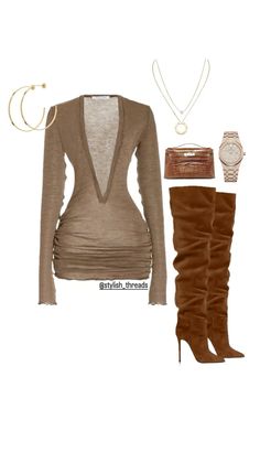 Brown long-sleeve ruched dress with matching boots and gold accessories